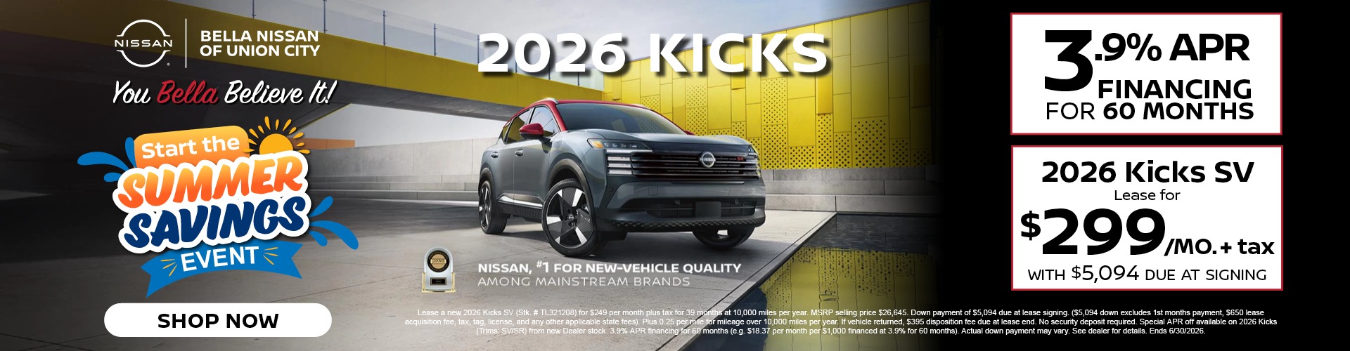 2026 Nissan Kicks 3.9 percent financing for 60 months or lease for 299 dollars monthly at Bella Nissan of Union City
